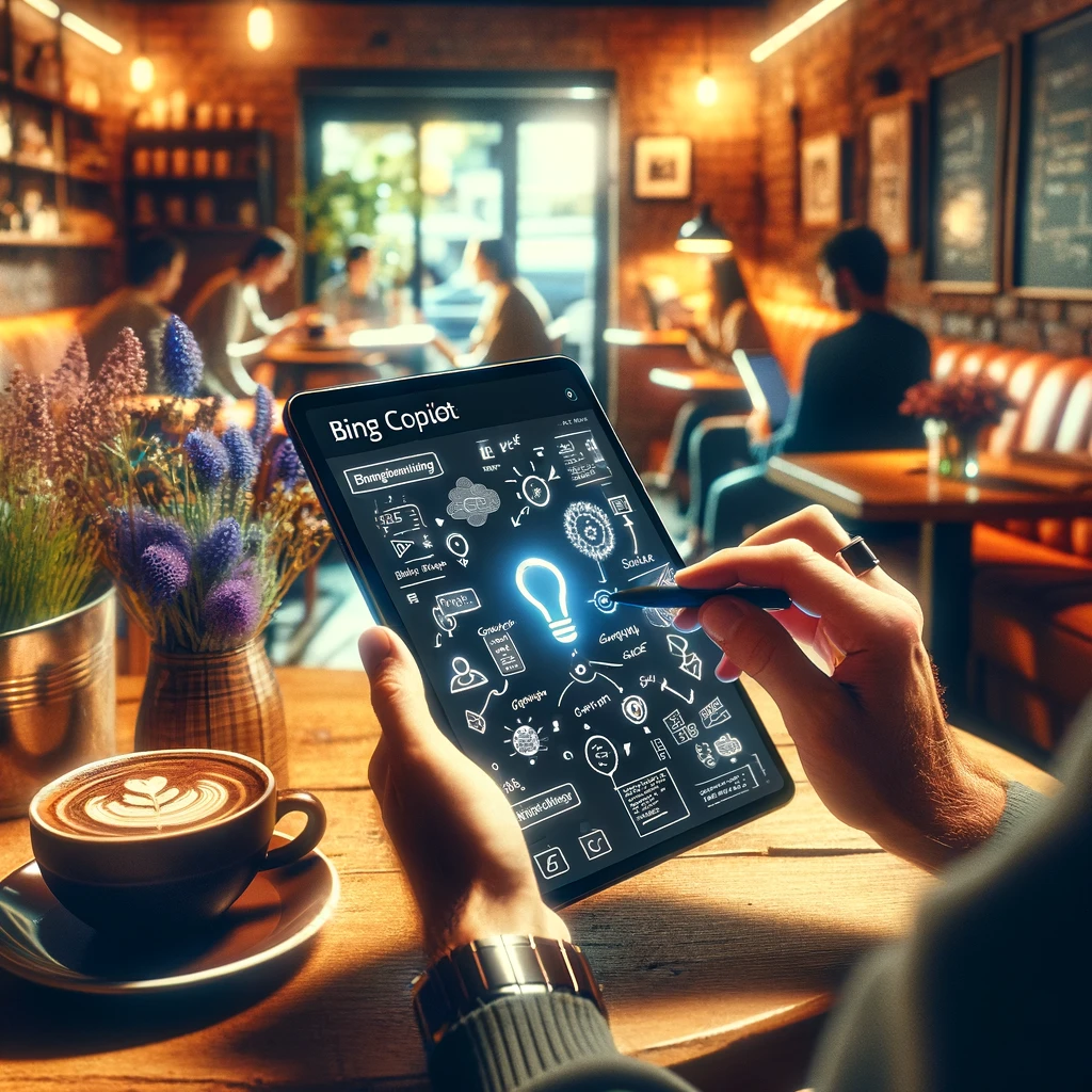 Eine Person, die in einem gemütlichen Café sitzt und auf einem Tablet mit Bing Copilot an einem neuen Projekt brainstormt.