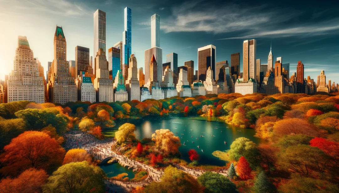 Central Park im Herbst: Als nächstes nehmen wir dich mit in den Central Park, das grüne Herz der Stadt. Das Bild zeigt den Park umgeben von modernen Wolkenkratzern, während sich Einheimische und Besucher gleichermaßen an den leuchtenden Herbstfarben und der friedlichen Atmosphäre erfreuen.