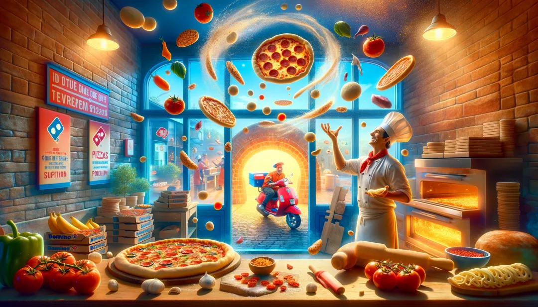 Hier ist dein Bild im Querformat, das die lebhafte und kreative Atmosphäre einer Domino's Pizza-Filiale einfängt. Hoffentlich bringt es die Freude und Farbenpracht, die man mit Domino's verbindet, gut zur Geltung!