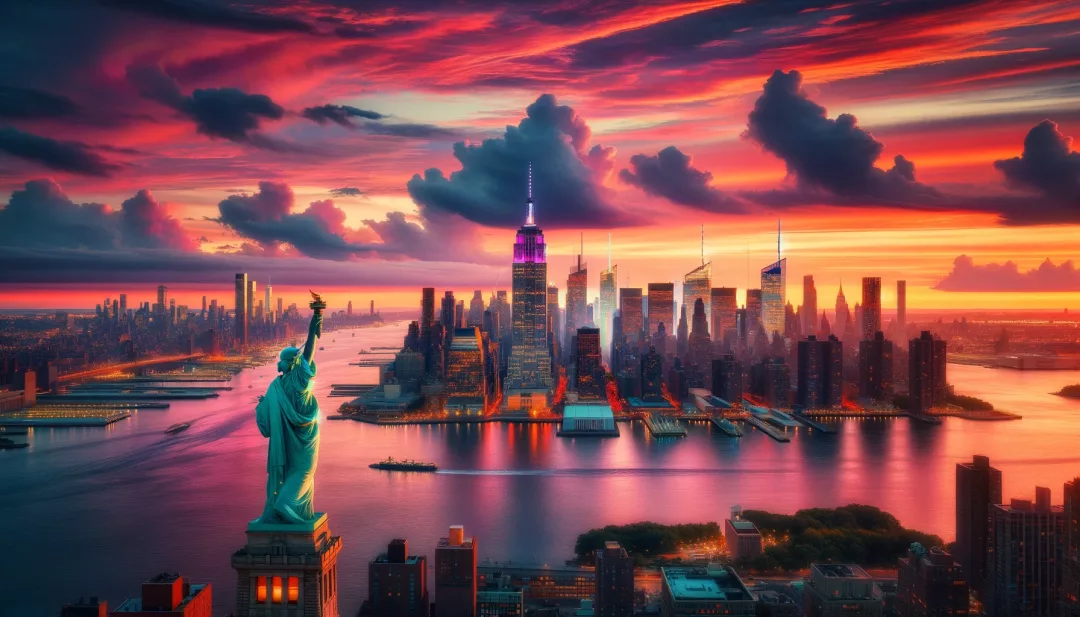 Die Skyline von New York beim Sonnenuntergang: Unser erstes Bild fängt die atemberaubende Skyline von New York City ein, mit dem Empire State Building und der Freiheitsstatue, die sich gegen einen lebendig gefärbten Himmel abzeichnen. Die Spiegelung des Hudson River fügt dem lebhaften Stadtbild eine ruhige Note hinzu.