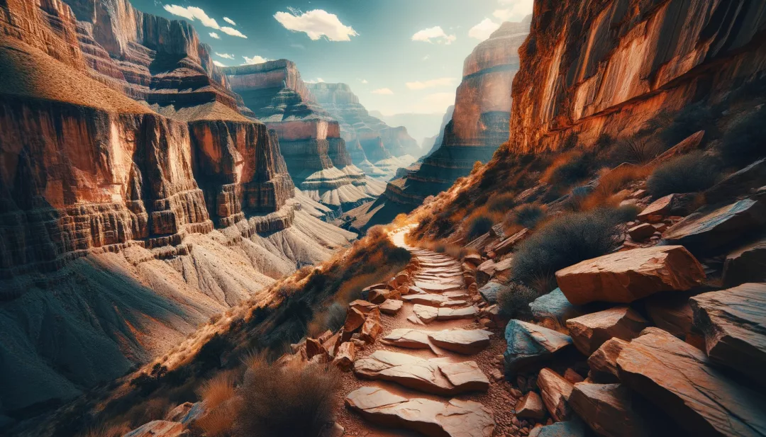 Die tiefe Verbindung auf dem Bright Angel Trail: Eine Darstellung der Wanderung, die die Vielfalt und Schönheit der Landschaft einfängt und die enge Verbindung zwischen Mensch und Natur zeigt.
