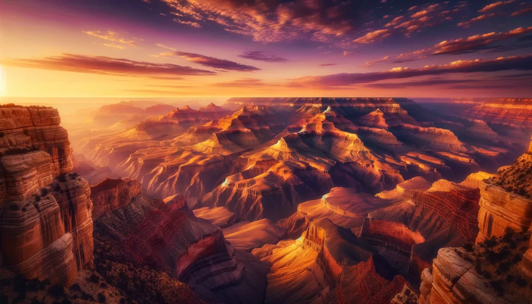 Die unermessliche Aussicht vom South Rim: Ein Panoramablick, der die immense Weite und die vielfältigen Farbschattierungen des Canyons bei Sonnenaufgang zeigt.