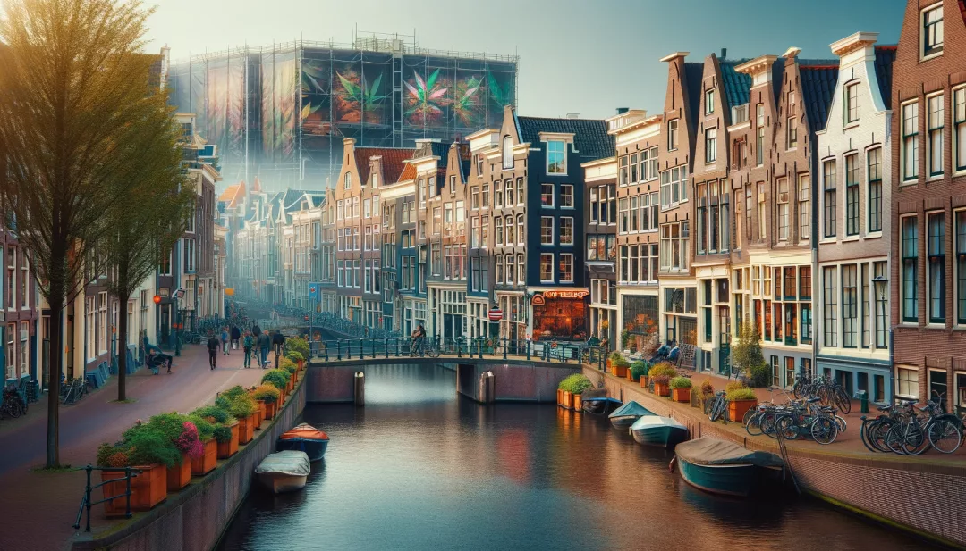 Ein malerischer Blick auf eine niederländische Stadt mit einem Kanal und traditionellen Häusern, bei dem im Hintergrund subtil ein Coffeeshop zu erkennen ist. 