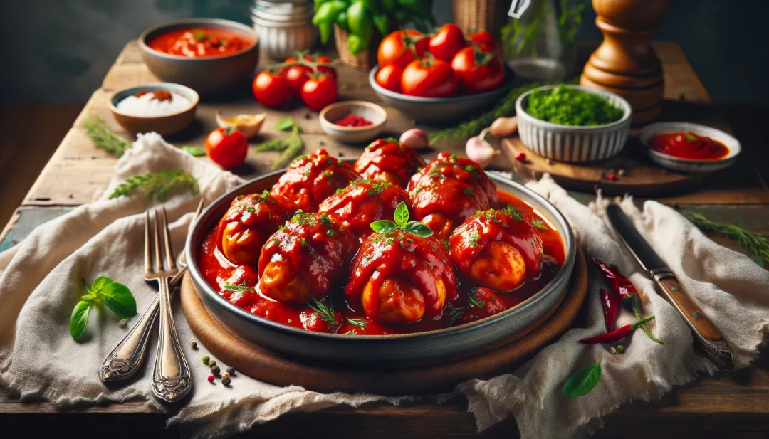 Fertig gegarte Goląbki, serviert mit Tomatensauce.