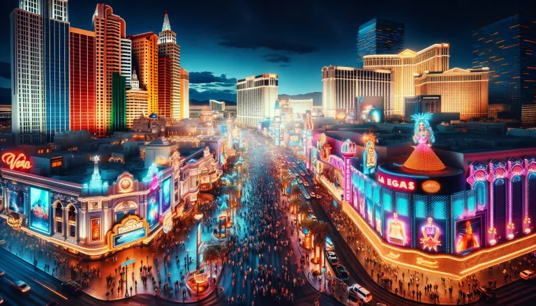 Die lebendige und geschäftige Las Vegas Strip bei Nacht, mit den beleuchteten Fassaden berühmter Casinos und Hotels.