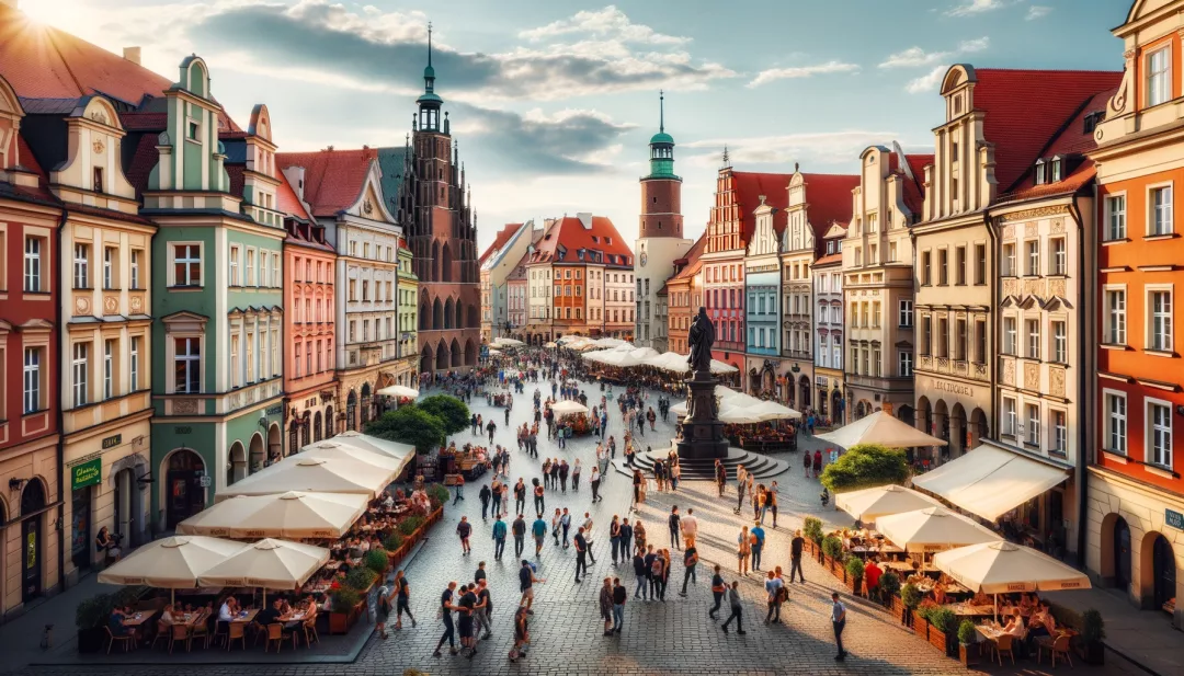 Der lebendige Marktplatz in Wrocław an einem sonnigen Tag.