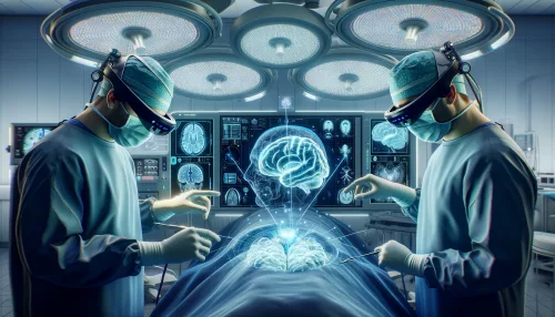 Ein futuristischer Neurochirurgieraum, beleuchtet mit sanfter, ambienter Beleuchtung, mit einer Augmented-Reality-(AR-)Schnittstelle, wo Neurochirurgen 3D-holographische Projektionen des Gehirns visualisieren, an dem sie operieren.