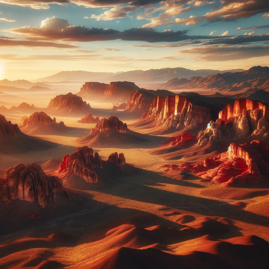 Eine atemberaubende Landschaft, die die roten Felsformationen und die weite Wüste Nevadas außerhalb von Las Vegas zeigt.