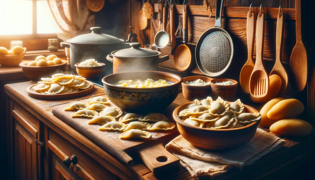 Eine traditionelle polnische Küchenszene mit frisch gemachten Pierogi auf einem Holzbrett neben einer Schüssel mit Kartoffel-Quark-Füllung. Die gemütliche Atmosphäre wird durch rustikale Küchenutensilien und einen Topf mit kochendem Wasser auf dem Herd unterstrichen, bereit zum Kochen der Pierogi.