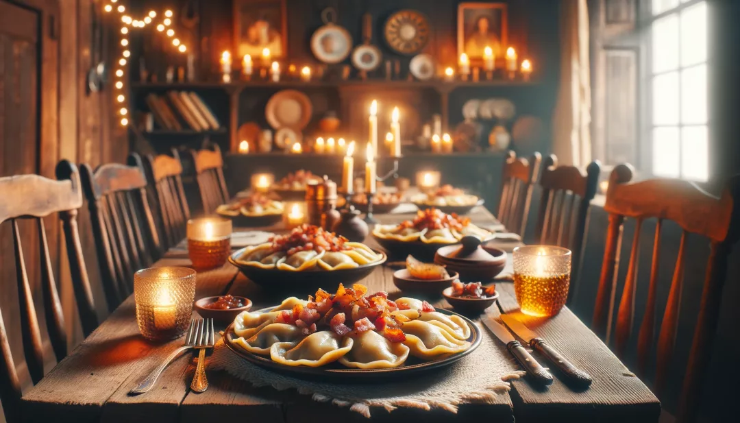 Ein gemütlicher Abend in einem rustikalen Esszimmer, wo ein großer Holztisch für das Abendessen wunderschön gedeckt ist, mit Tellern voll goldbrauner Pierogi, garniert mit knusprigen Speckstückchen und karamellisierten Zwiebeln. Die Szene wird durch weiches Kerzenlicht und traditionelle polnische Dekorationen ergänzt.