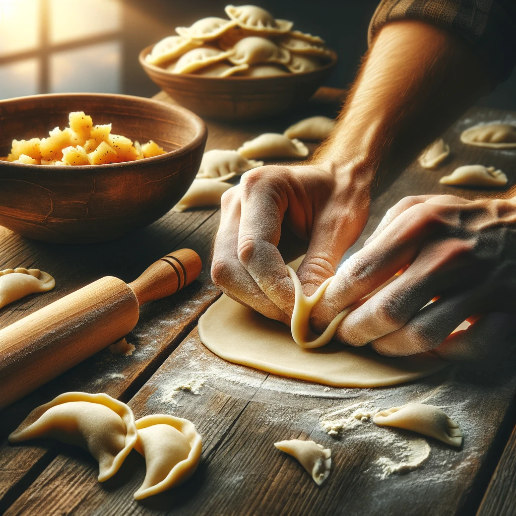 Eine künstlerische Darstellung, wie jemand Pierogi formt, zeigt den detaillierten Prozess des Füllens und Versiegelns des Teigs. Die Szene fängt den Moment des Pierogi-Machens ein, mit einem Fokus auf den Händen, dem Teig und einer Schüssel mit Füllung (Kartoffel und Käse) auf einem rustikalen Holztisch.