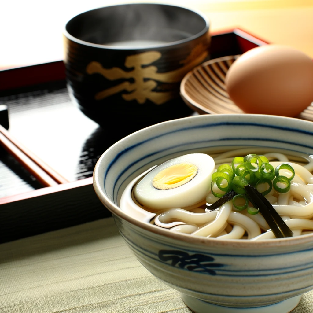Eine Schale Udon-Nudeln, serviert in einer klaren Brühe und garniert mit Frühlingszwiebeln und einem weichen Ei. Im Hintergrund traditionelles japanisches Essgeschirr, um das kulturelle Erbe zu unterstreichen.