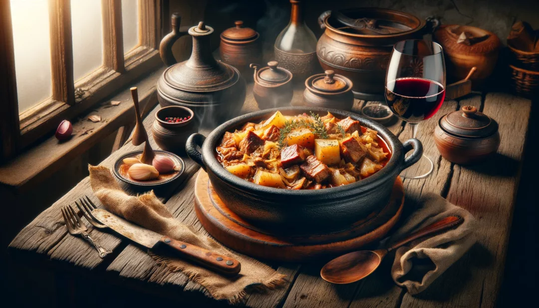 Ein tiefes, rustikales Serviergericht auf einem alten Holztisch, gefüllt mit dampfendem, fertigem Bigos, umgeben von altem Küchengeschirr und einem Glas Rotwein, um die gemütliche Atmosphäre zu betonen.
