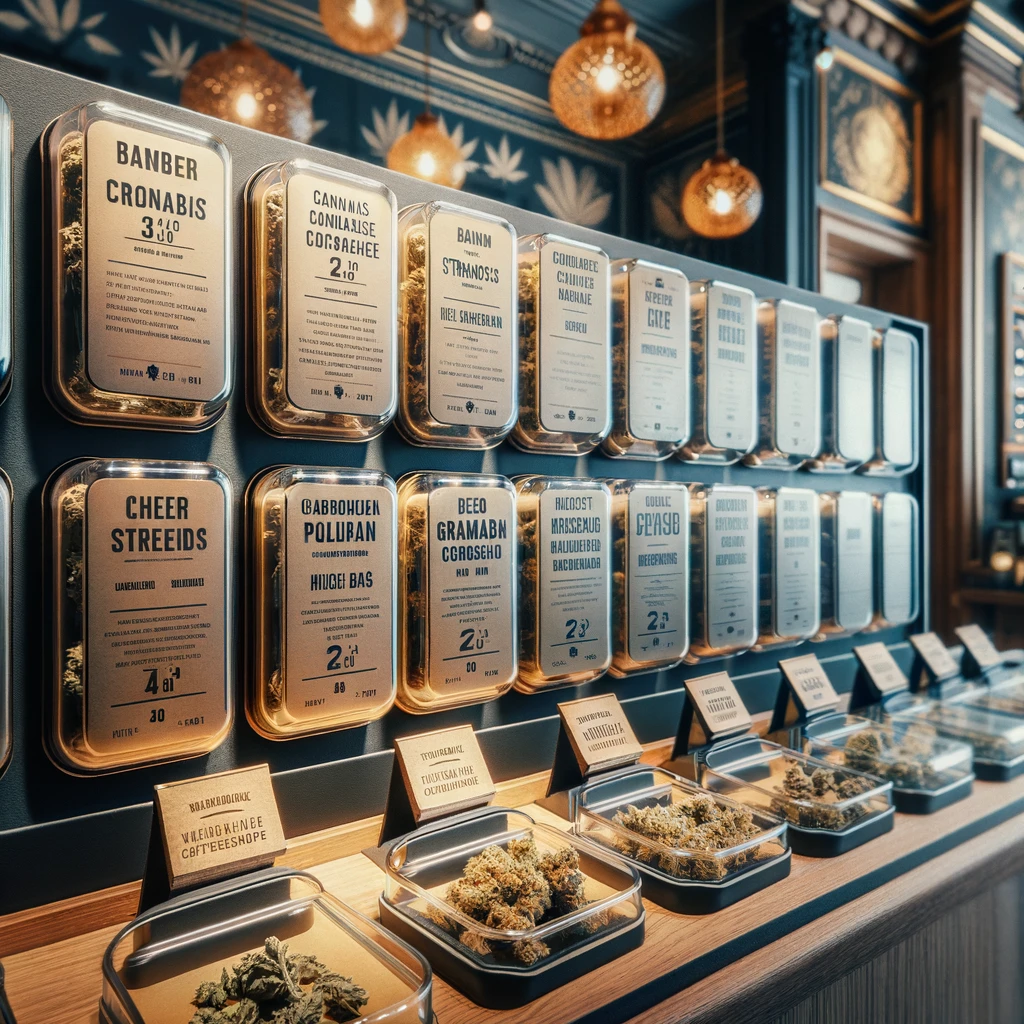 Eine Nahaufnahme verschiedener Cannabisprodukte, die in einem Coffeeshop in den Niederlanden ordentlich in einer Vitrine angeordnet sind. Dieses Bild unterstreicht den regulierten und professionellen Ansatz beim Verkauf von Cannabis in den Niederlanden und hebt den Fokus auf die Sicherheit und Information der Konsumenten hervor.