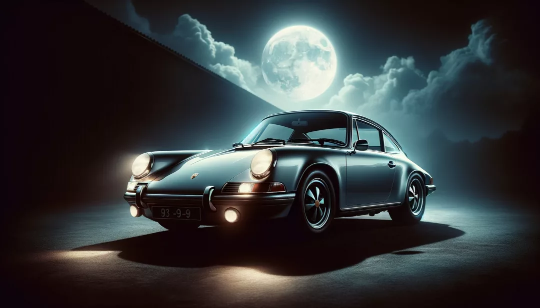 Ein klassischer Porsche 911 in einer dramatischen Nachtszene
