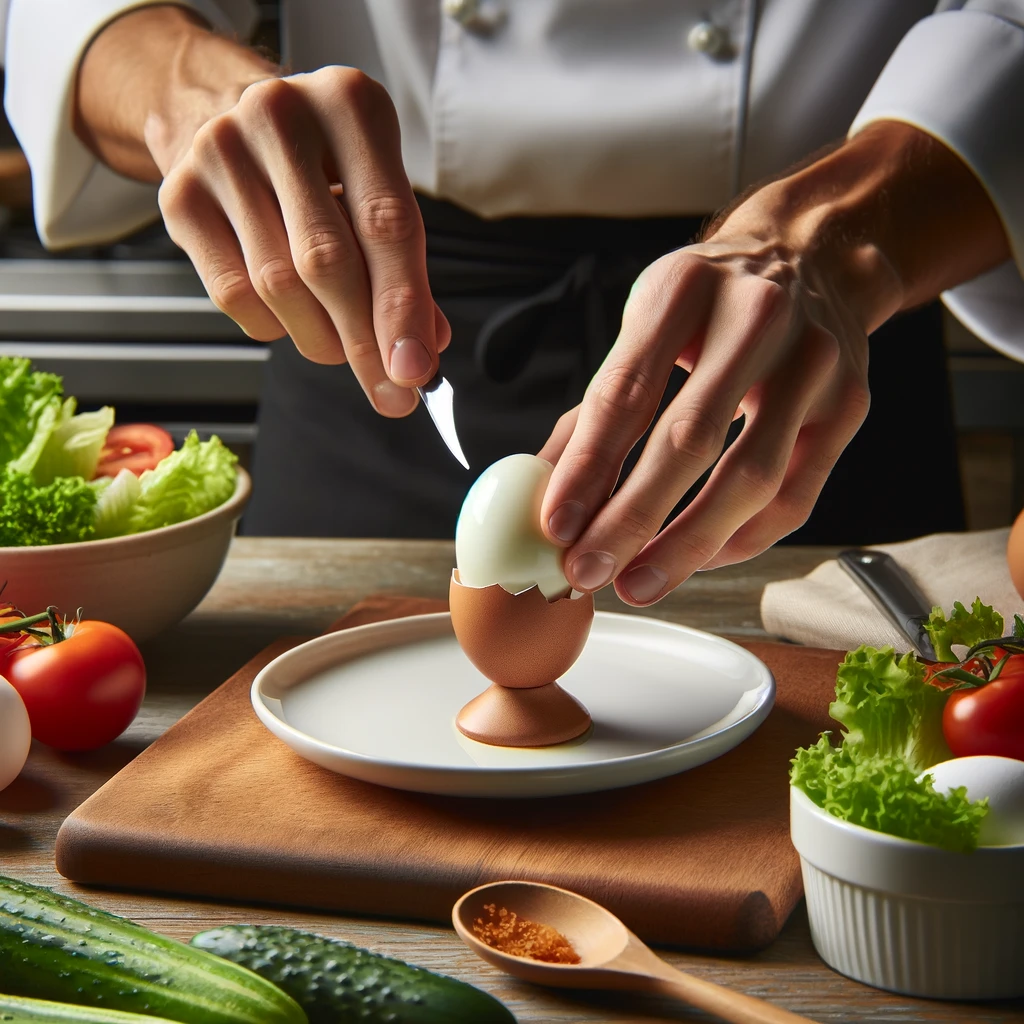 Ein Küchenszenario, in dem ein hartgekochtes Ei liebevoll für eine Mahlzeit vorbereitet wird.