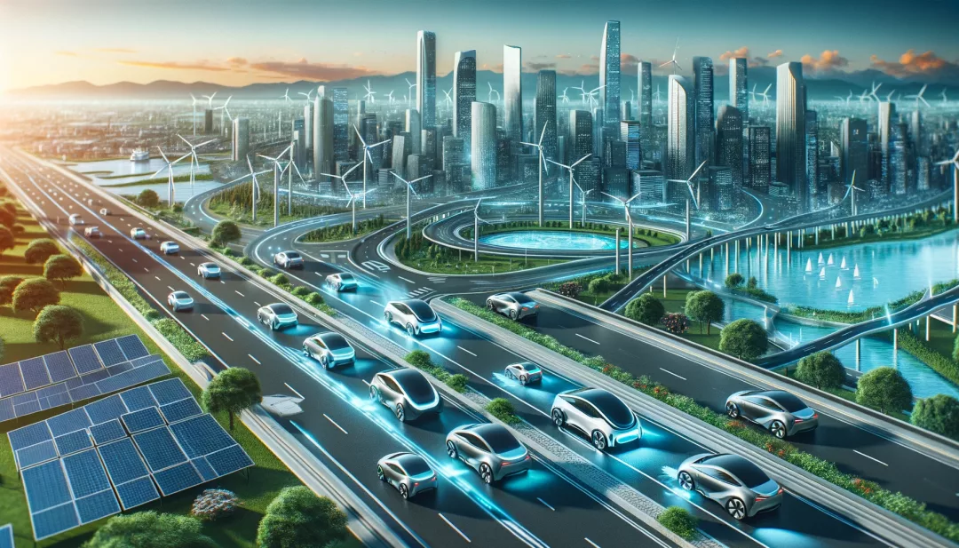 Eine futuristische Stadtlandschaft mit Straßen voller Elektroautos, die eine Vision einer nachhaltigen und sauberen Zukunft darstellt.