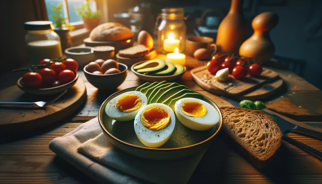 Ein gemütlicher, warm beleuchteter Küchentisch am Abend, der ein perfekt gekochtes hartgekochtes Ei zeigt, das zur Hälfte aufgeschnitten ist.