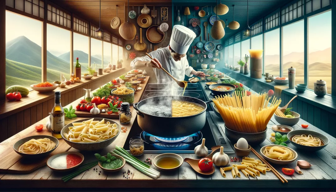 Dieses Bild vereint italienische, japanische und allgemeine Pasta-Zubereitungsaspekte in einer Küchenszene. Es zeigt, wie vielseitig Nudeln zubereitet werden können und spiegelt die Essenz des gesamten Artikels wider.