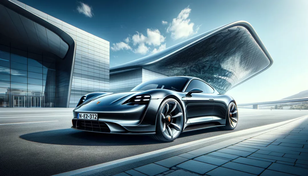 Ein luxuriöser Porsche Elektrosportwagen vor einem modernen Gebäude