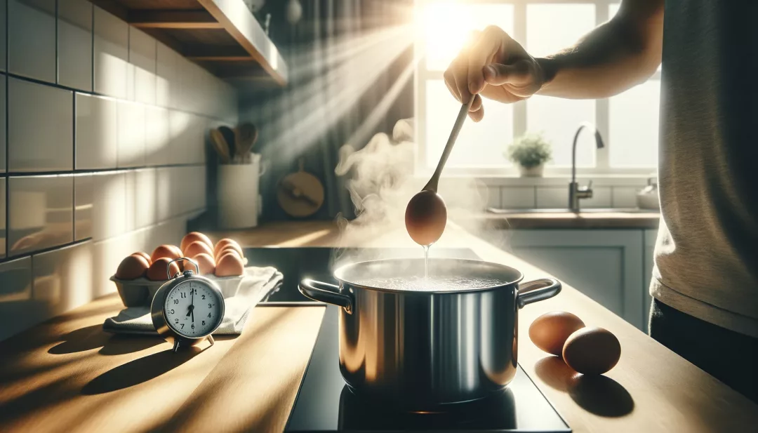 Ein Blick in eine moderne Küche am frühen Morgen, wo gerade Eier in einem Topf mit kochendem Wasser vorsichtig abgelegt werden.