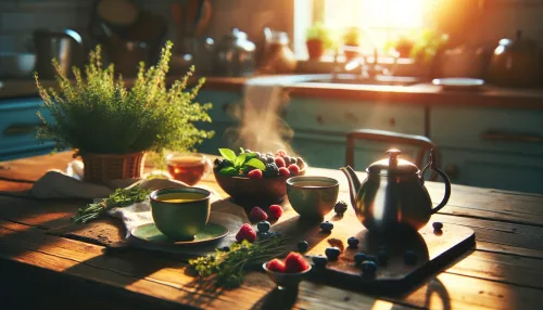 Ein liebevoll gedeckter Frühstückstisch im sonnigen, gemütlichen Küchenambiente mit Avocado-Lachs-Brot und einem Beeren-Spinat-Smoothie, ergänzt durch einen Topf grünen Tee.