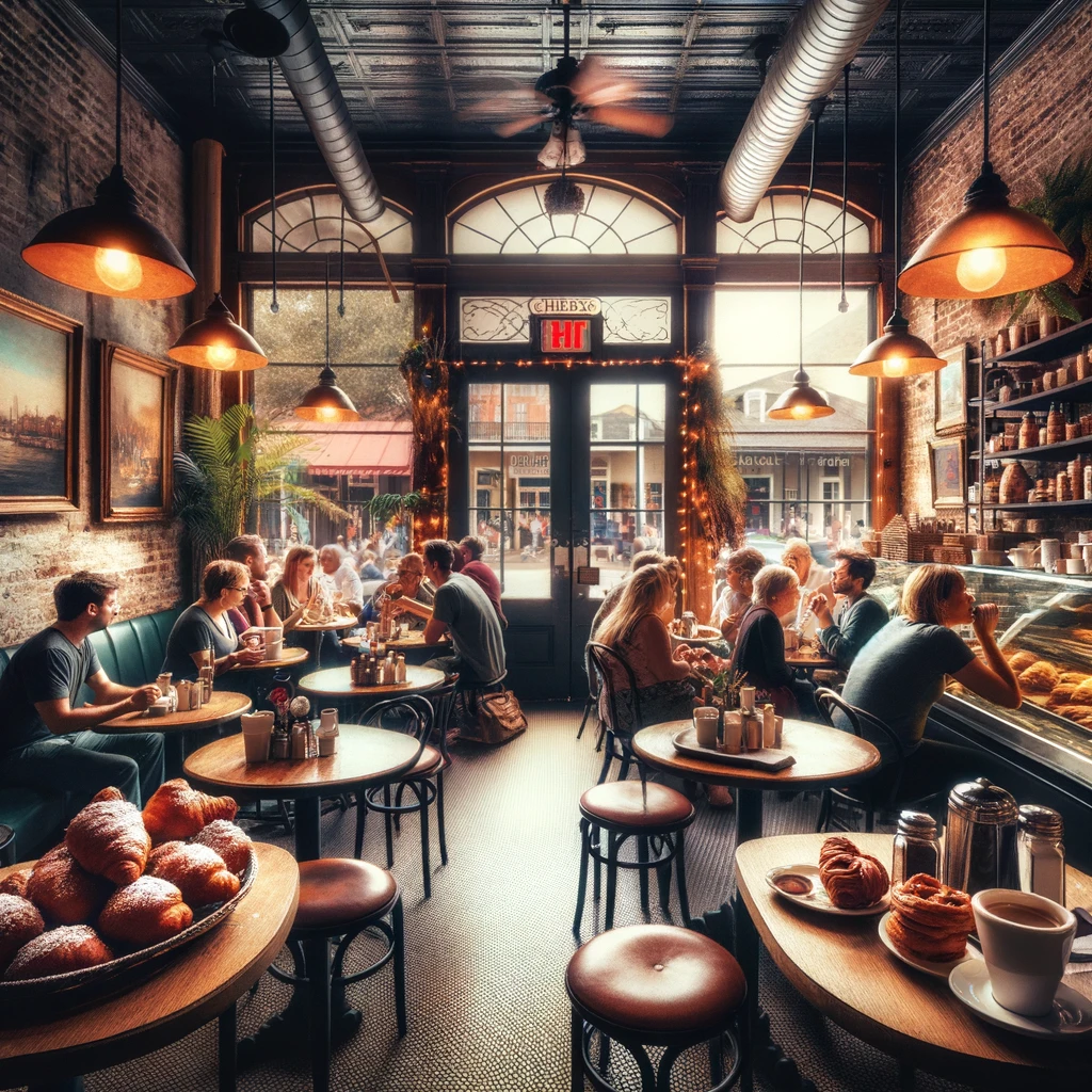 Das zweite Bild zeigt eine gemütliche Café-Szene, die die lebhafte Esskultur der Stadt widerspiegelt, mit Menschen, die lokale Köstlichkeiten genießen und die warme Atmosphäre des Ortes aufsaugen.