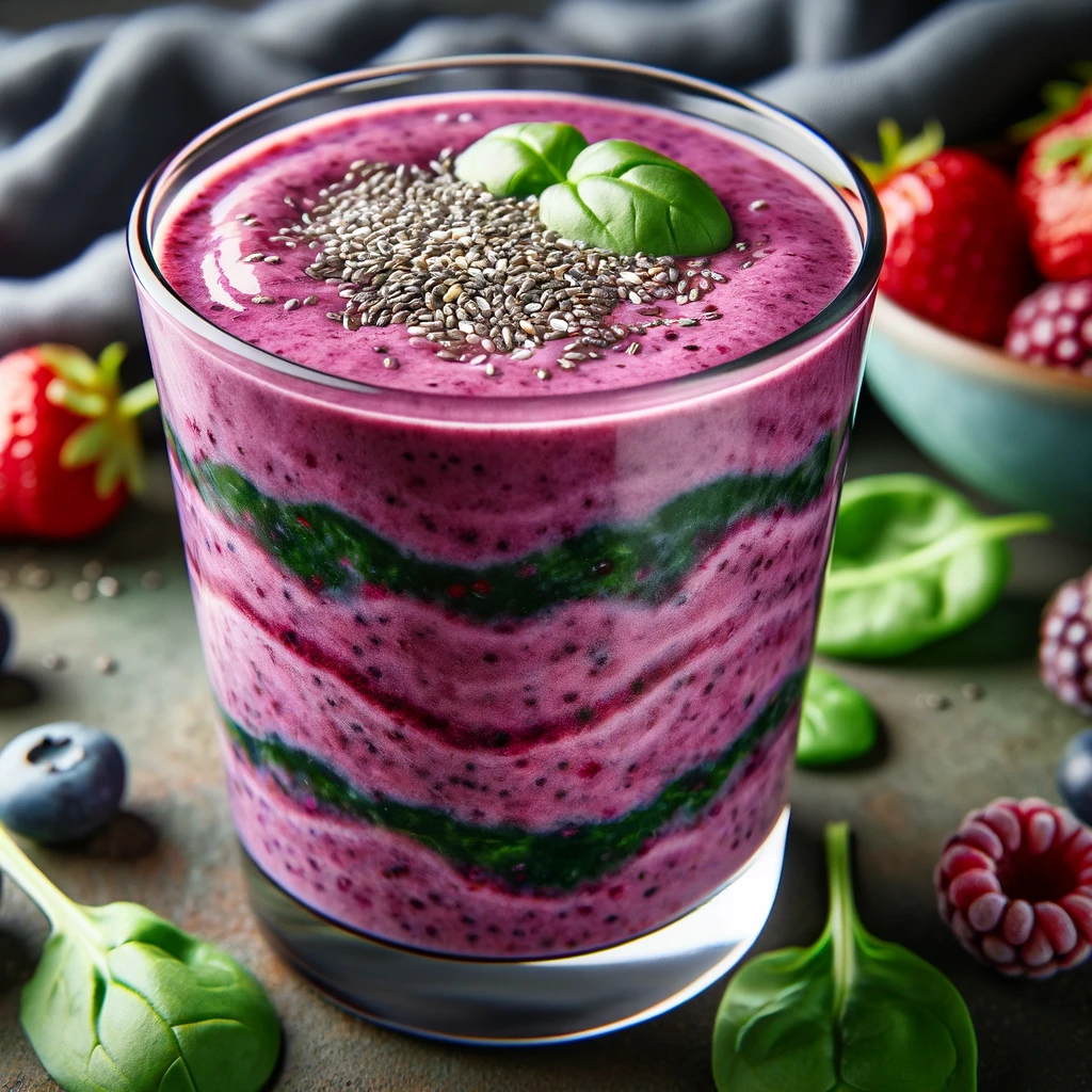 Ein Glas des nährstoffreichen Beeren-Spinat-Smoothies, dekoriert mit Chiasamen und umgeben von frischen Zutaten, das die Vitalität und Gesundheit des Frühstücks unterstreicht.