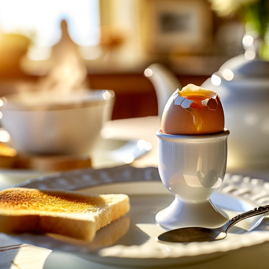 Ein sorgfältig gedeckter Frühstückstisch im Morgenlicht mit einem weichgekochten Ei.