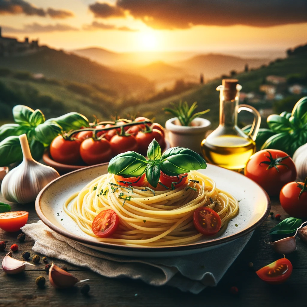 Spaghetti Al Dente: Dieses Bild zeigt einen Teller perfekt gekochter Spaghetti, garniert mit frischen Basilikumblättern und umgeben von Zutaten wie Tomaten, Knoblauch und Olivenöl, mit einer italienischen Landschaft im Hintergrund bei Sonnenuntergang.