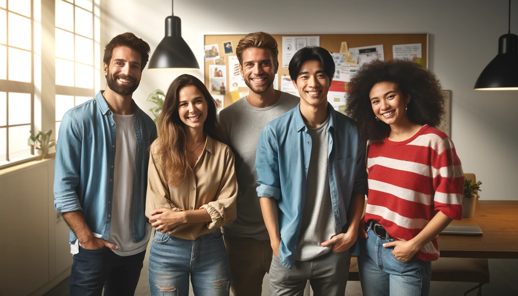 Das Bild zeigt sechs Personen unterschiedlicher Herkunft und Altersgruppen, die in einer modernen Büroumgebung zusammenstehen und lächeln.